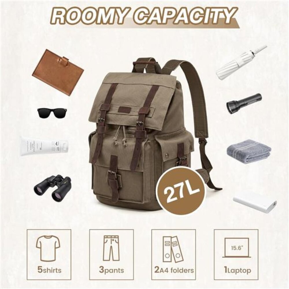 Men’s Leather Canvas Backpack Large Bag Green - Picture 4 of 6